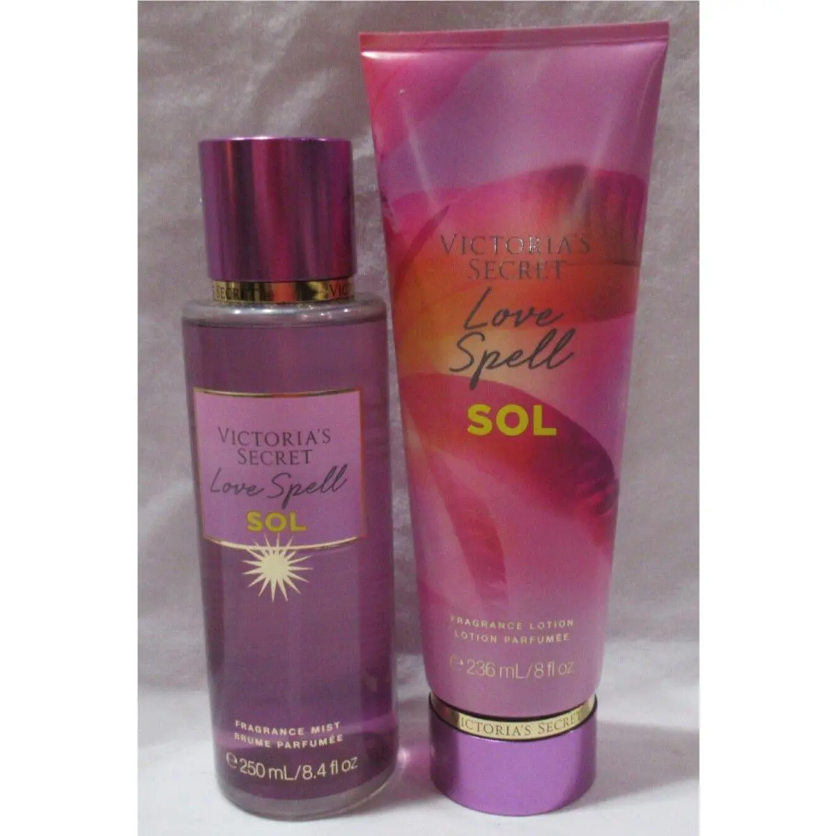 Victoria`s Secret Fragrance Mist Lotion Set Lot of 2 Love Spell Sol Sunny