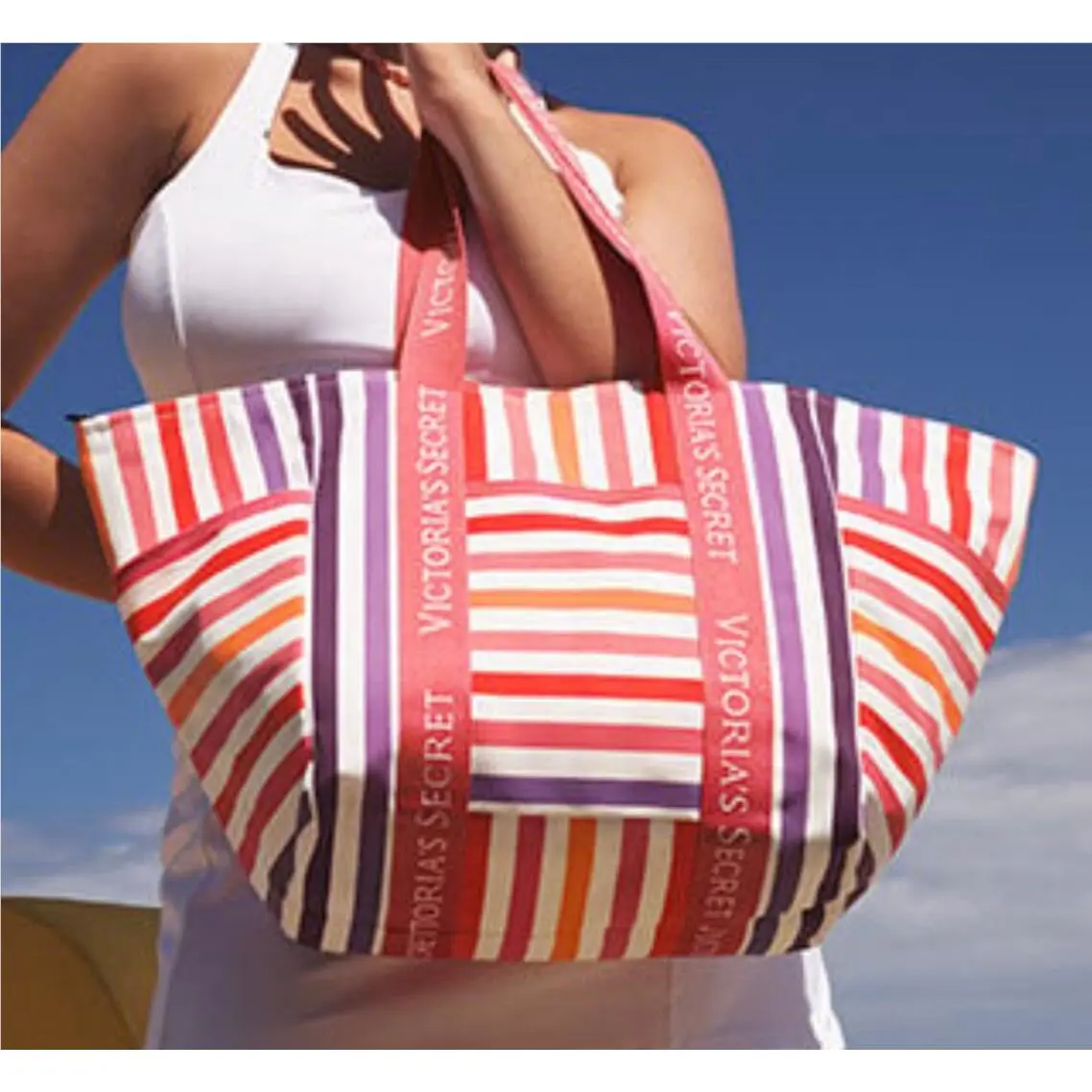Victoria`s Secret Pink Rainbow Striped Weekender Tote Bag Travel Carry ON Large
