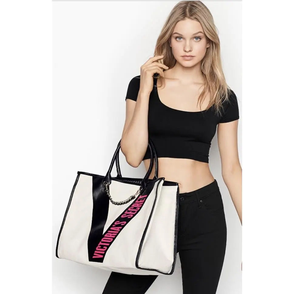 Victorias Secret Gold Chain Leather Black Handle Purse Bag Tote Off White Canvas
