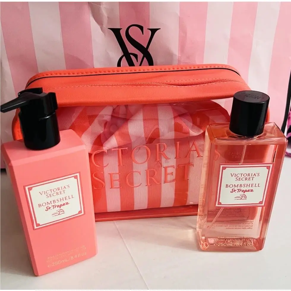 3Victoria`s Secret Bombshell St. Tropez Fine Mist Body Lotion Bikini Bag Set