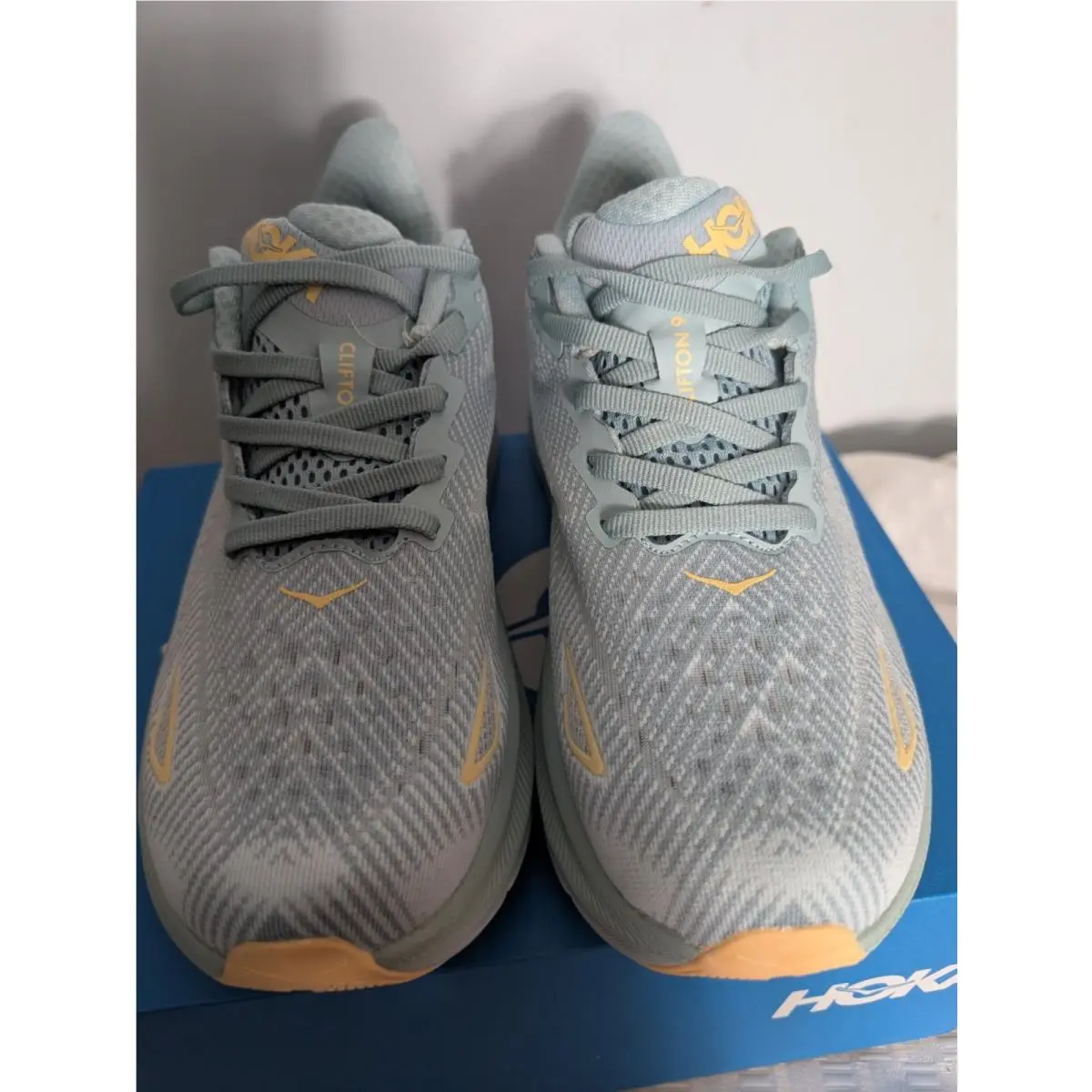 Hoka One One Clifton 9 Light Blue Gray Yellow Lace Up Low Top Running Sneakers