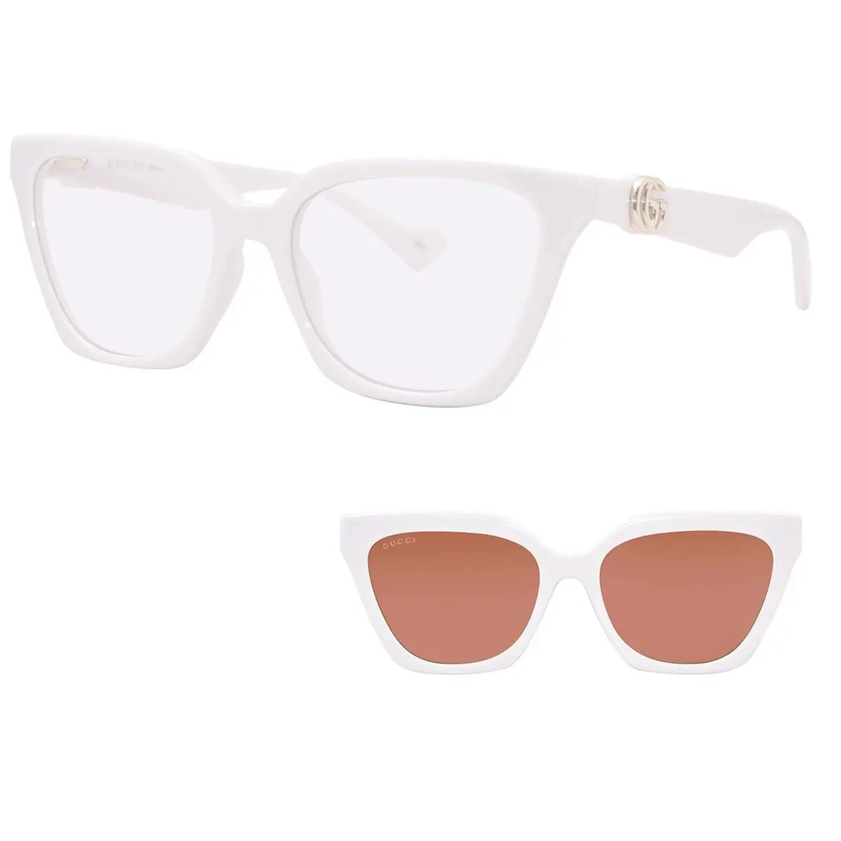 Gucci GG1542S 003 Sunglasses Women`s Ivory/white/brown Cat Eye 55mm W/clip-on