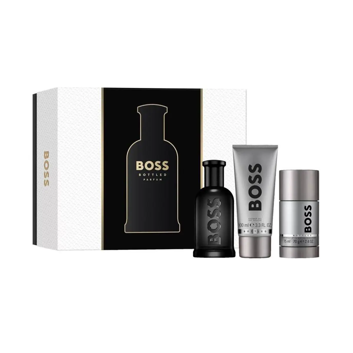 Hugo Boss Bottled 3.3 oz Parfum+ 3.3 Gel+ 2.4 Deo Mens Set