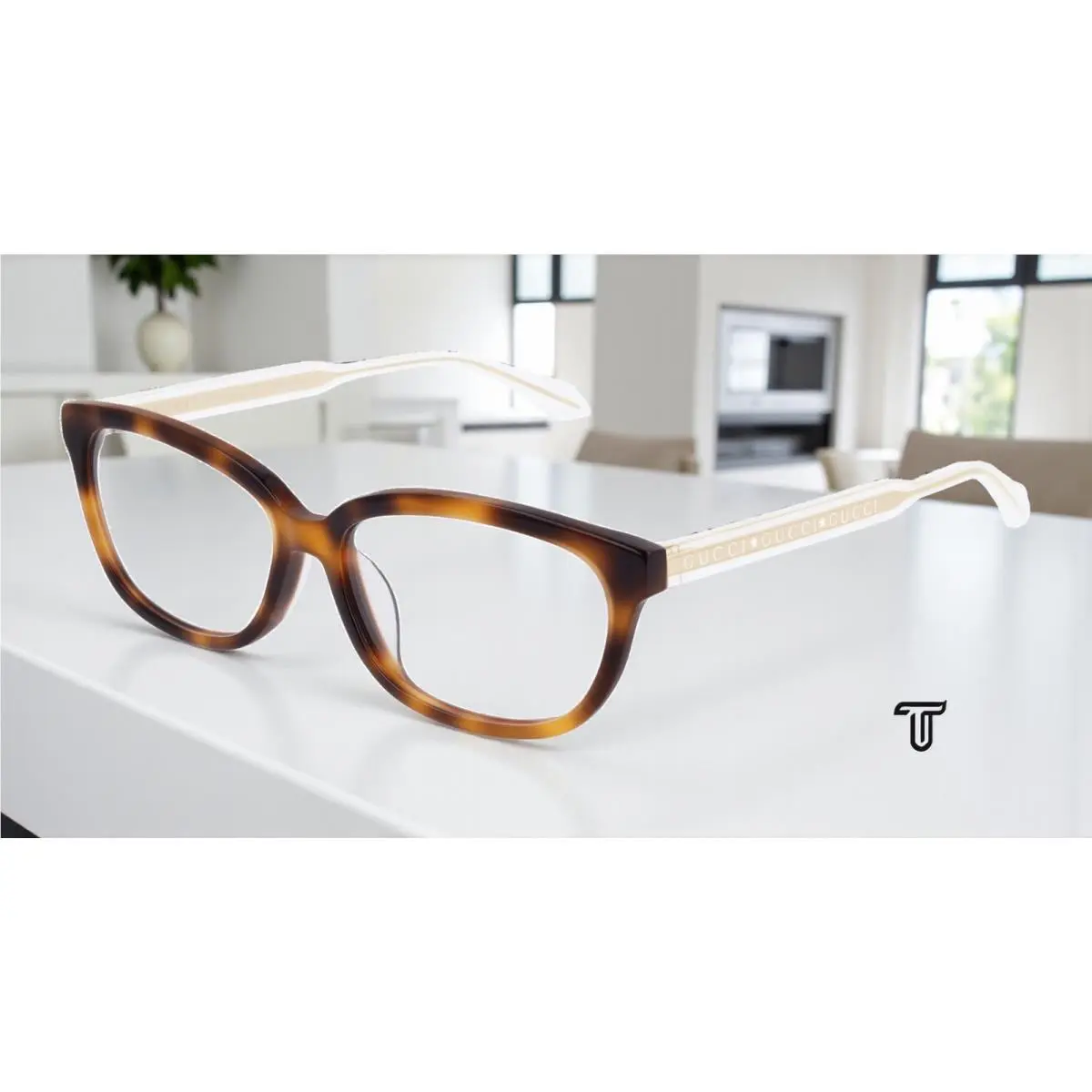 Gucci GG0568OA 002 Square Havana White Crystal Demo Lens 55mm Women`s Eyeglasses