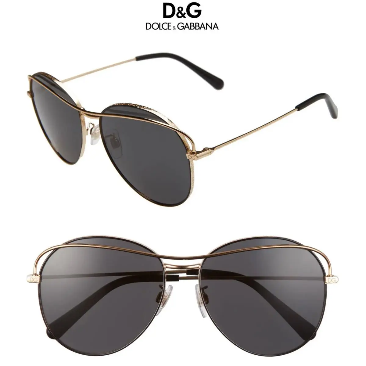 Dolce Gabbana DG2261 1334/87 Gold/black Grey Pilot Sunglasses. 58mm