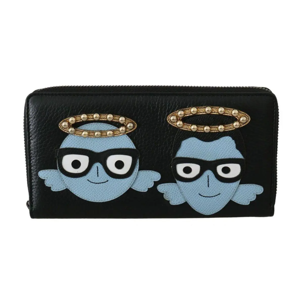 Dolce Gabbana Black Blue Leather Dgfamily Zipper Continental Wallet