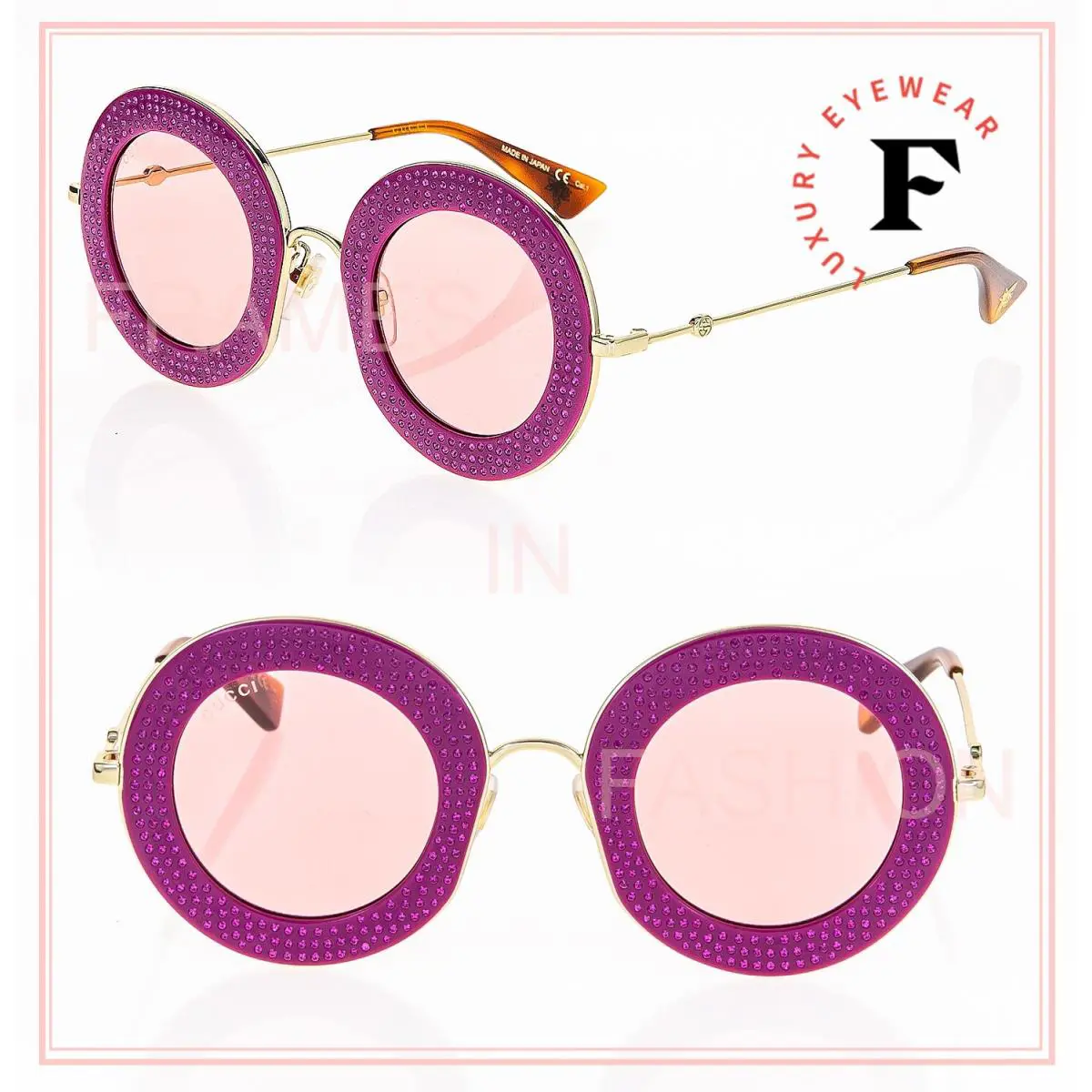 Gucci 0113 Round Pink Red Gold Crystal Pave Sunglasses GG0113S 012
