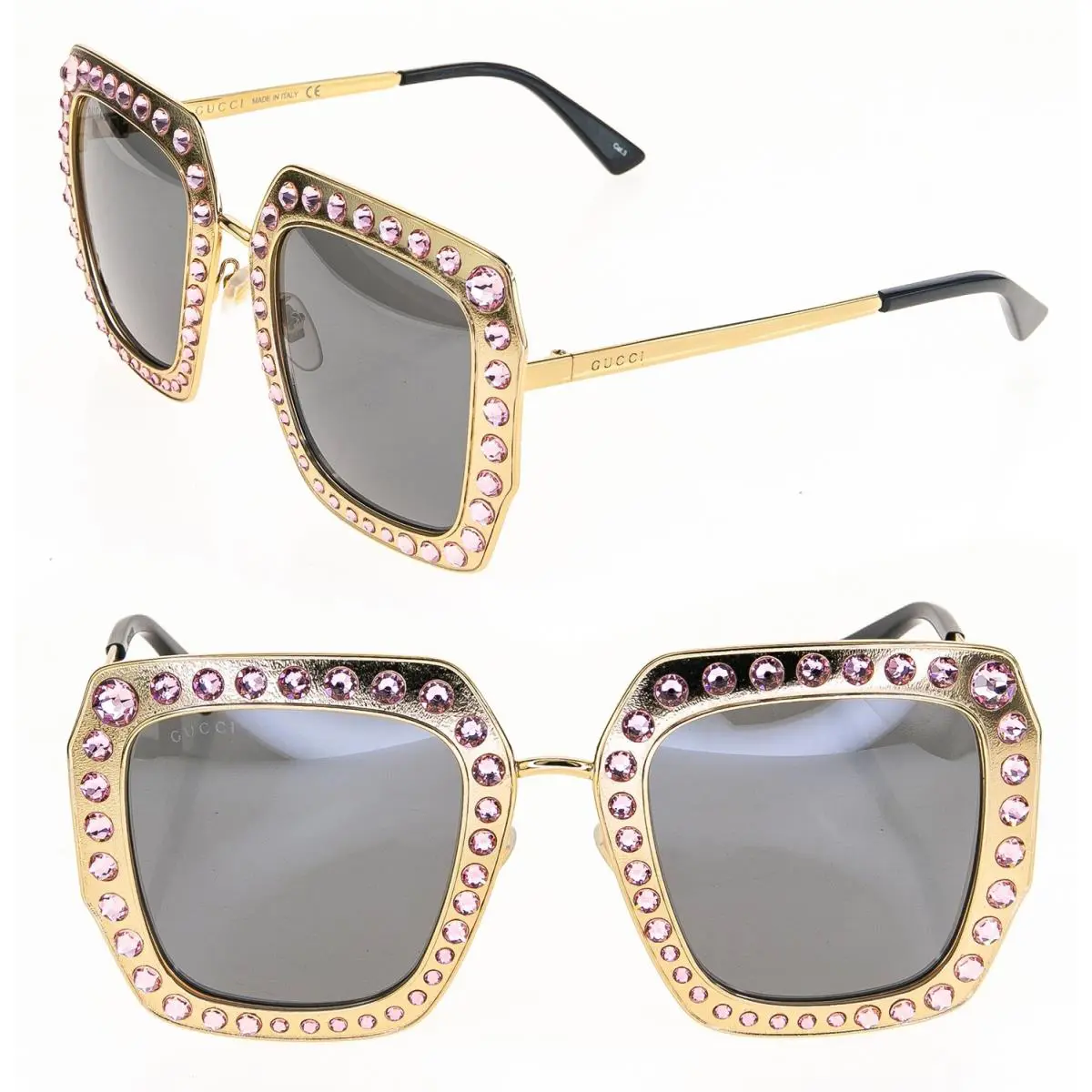 Gucci Hollywood Forever 0115 Gold Pink Crystal Stud Oversized Sunglasses GG0115S