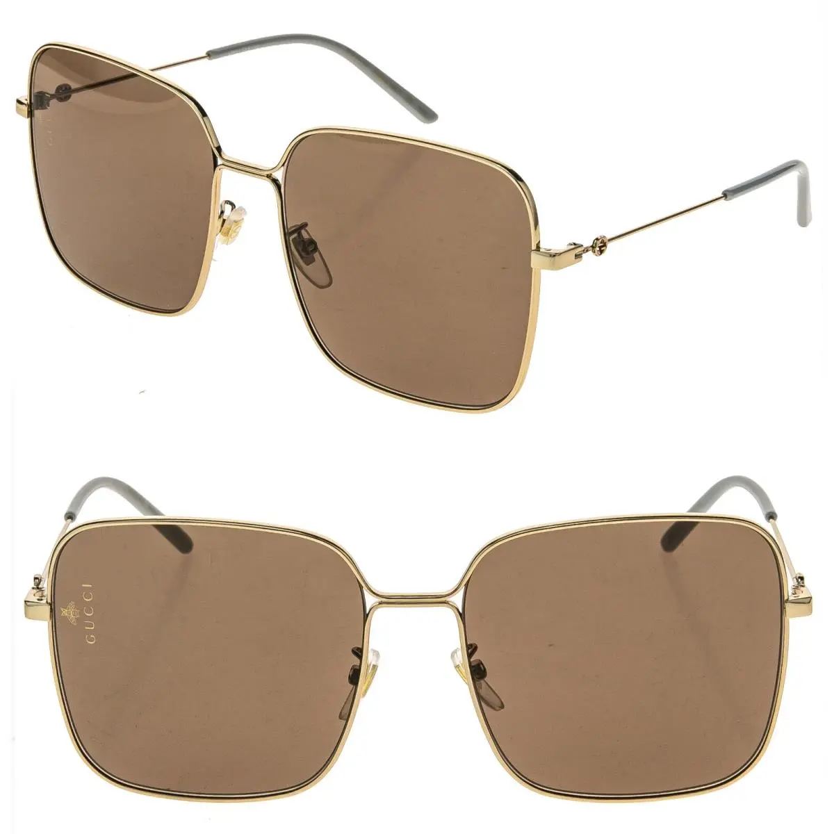 Gucci GG0443S 0443 Gold Brown Square Aviator Metal Retro Logo Sunglasses 002