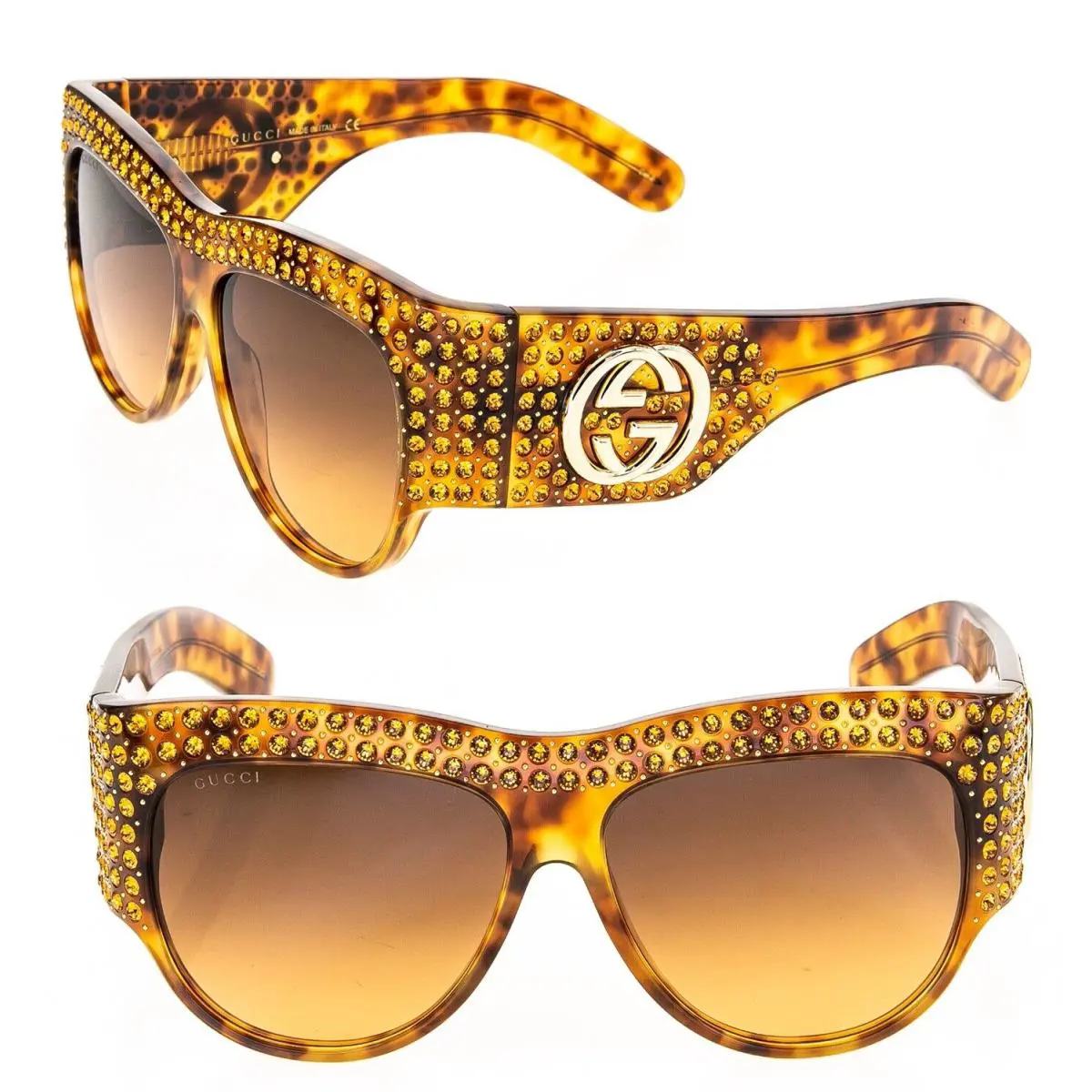 Gucci Hollywood Forever 0144 Brown Gold Crystal Sunglasses GG0144S 003