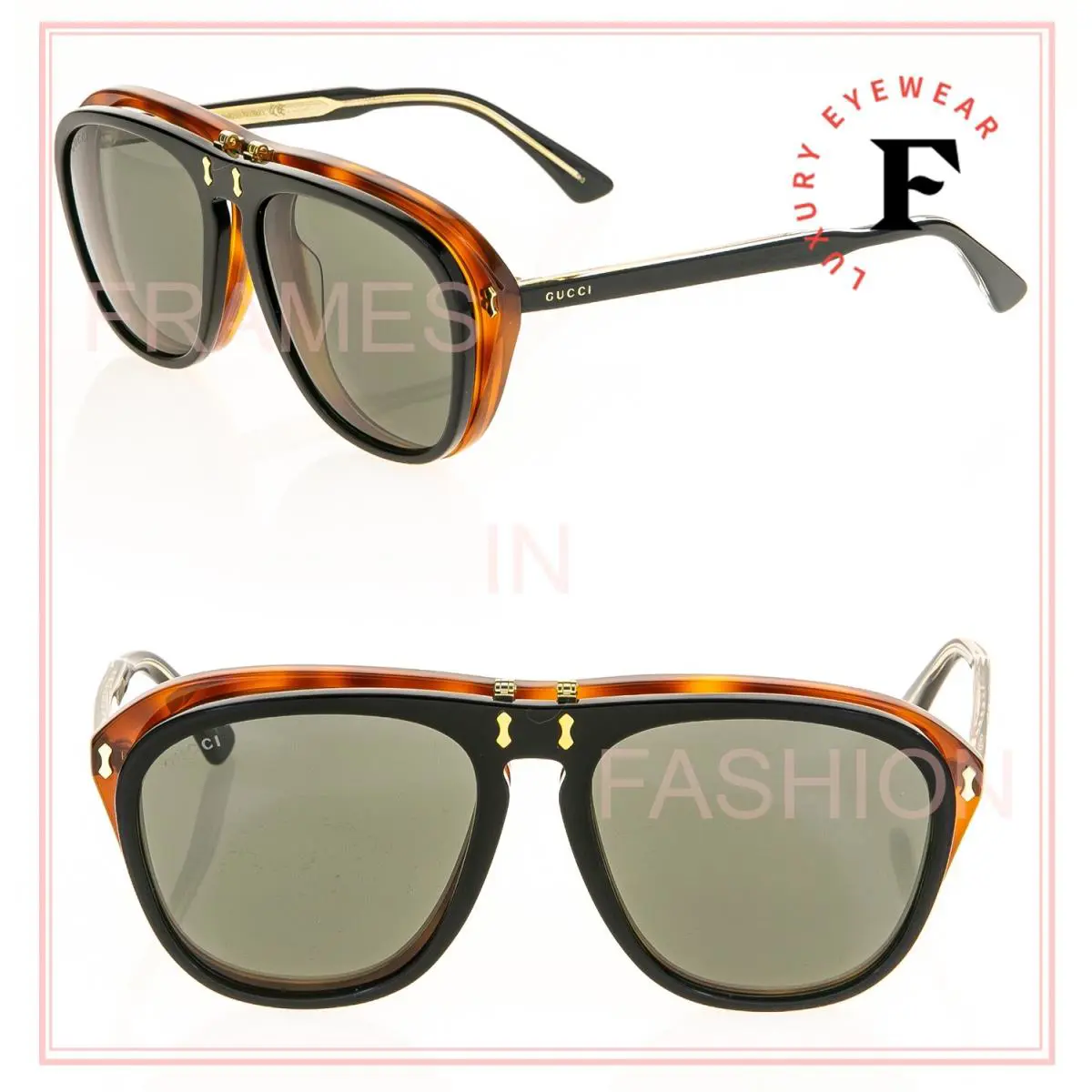 Gucci 0087 Black Havana Brown Flip Retro Aviator Sunglasses GG0087 003