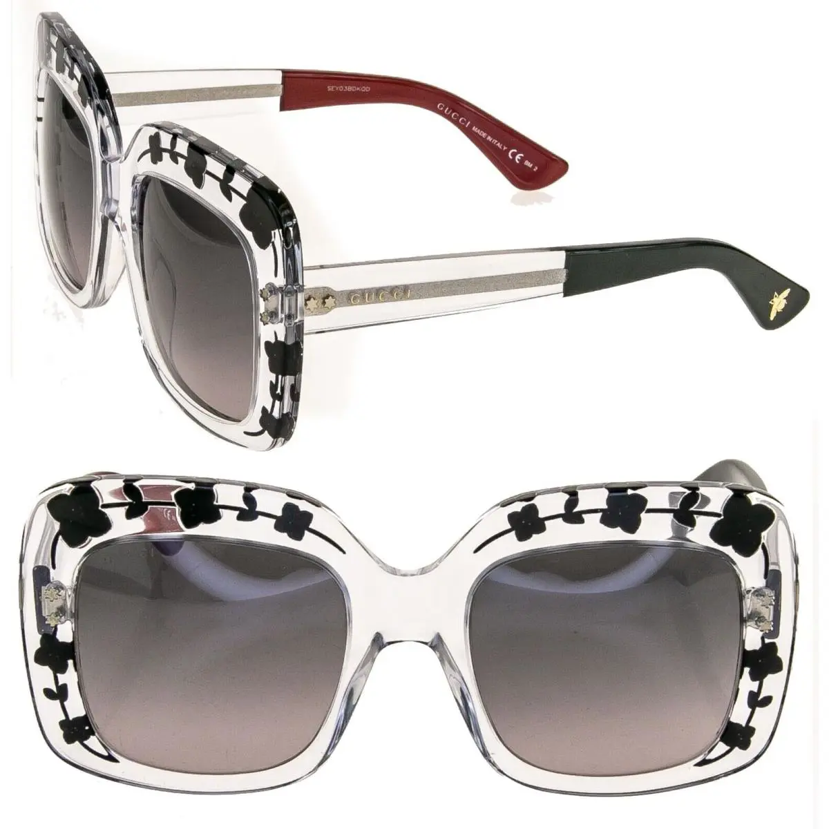 Gucci Flower 3863 Black Crystal Oversized Square Asymmetrical Sunglasses GG3863S