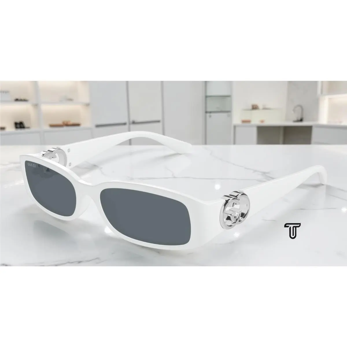 Gucci GG1661S 003 White White Grey 54 mm Rectangular Squared Women`s Sunglasses - Frame: White, Lens: Grey