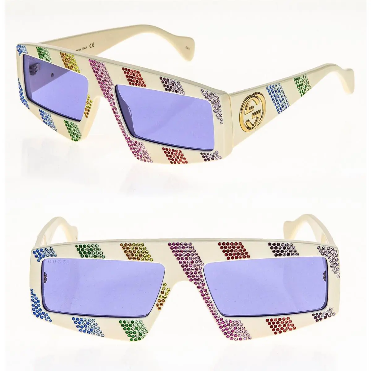 Gucci 0358 White Rainbow Crystal Angular Mask Sunglasses GG0358S 005