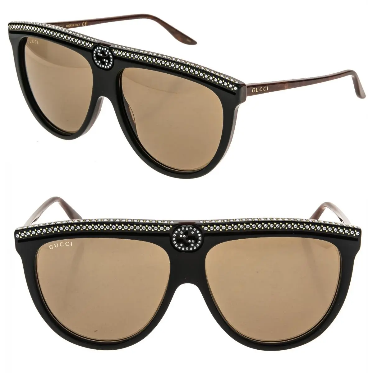 GG0732S Black Brown Wood Crystal Oversized Pilot Glamour Sunglass 0732 005 by Gucci