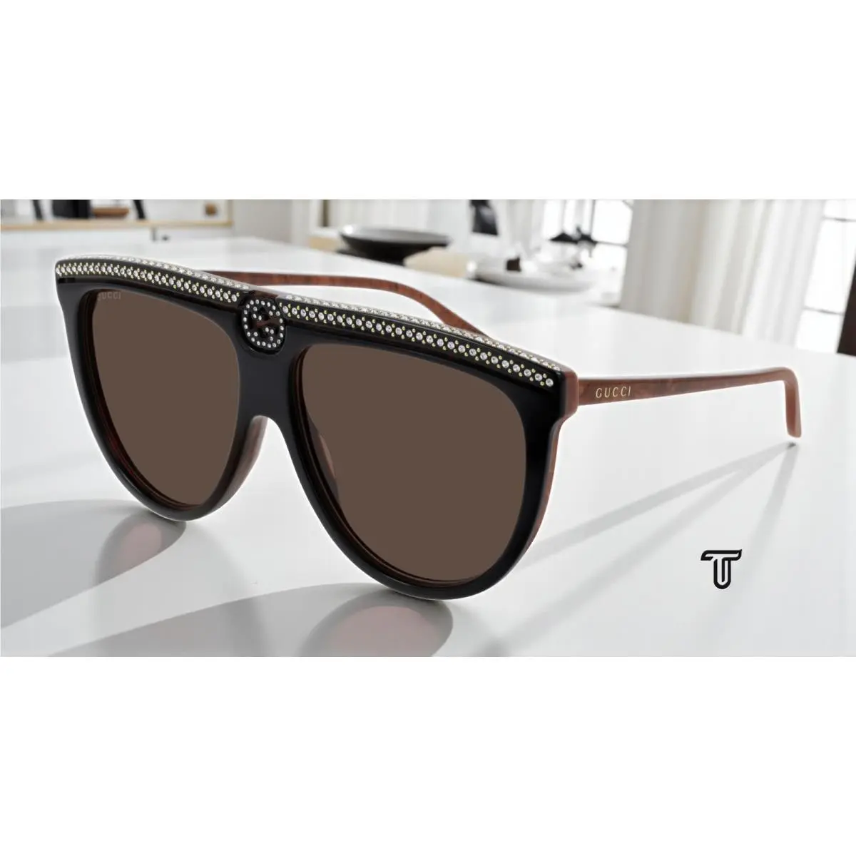 Gucci GG0732S 005 Aviator Acetate Black Shiny Brown 61 mm Women`s Sunglasses