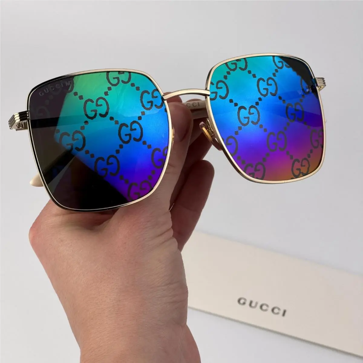 Gucci Women Sunglasses Gold Multicolor GG Pattern Mirror Square GG0802S 004