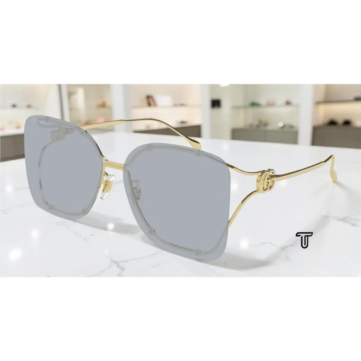 GG1713SA 001 Gold Gold Grey Lens 60 mm Rimless Square Women`s Sunglasses by Gucci