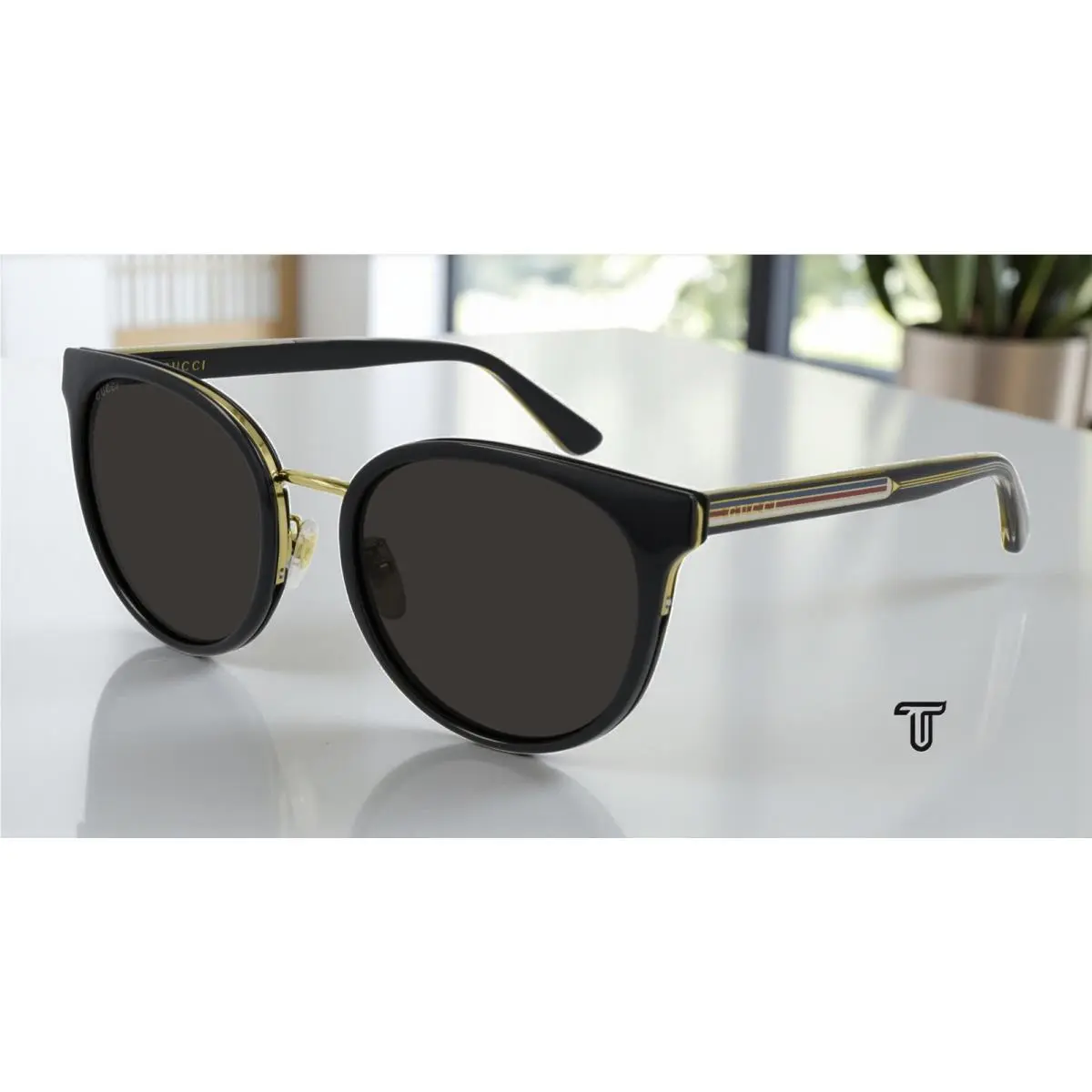 GG0850SK 002 Round Oval Panthos Black Shiny Grey 56 mm Women`s Sunglasses by Gucci