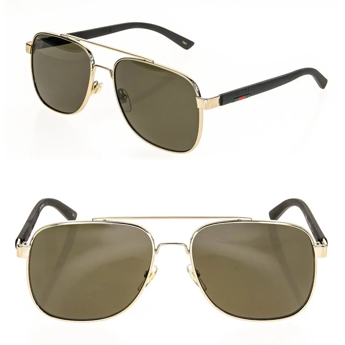 Gucci Stripe 0422 Brown Rubber Gold Square Navigator Unisex Sunglasses GG0422