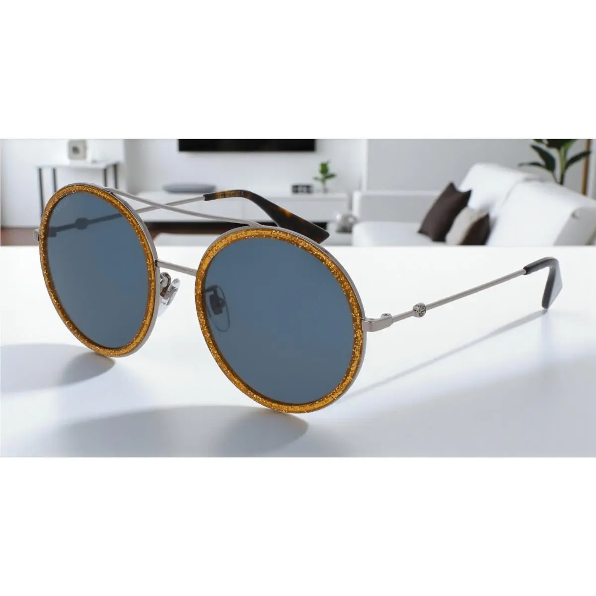GG0061S 004 Round Oval Ruthenium Blue 56 mm Women`s Sunglasses by Gucci