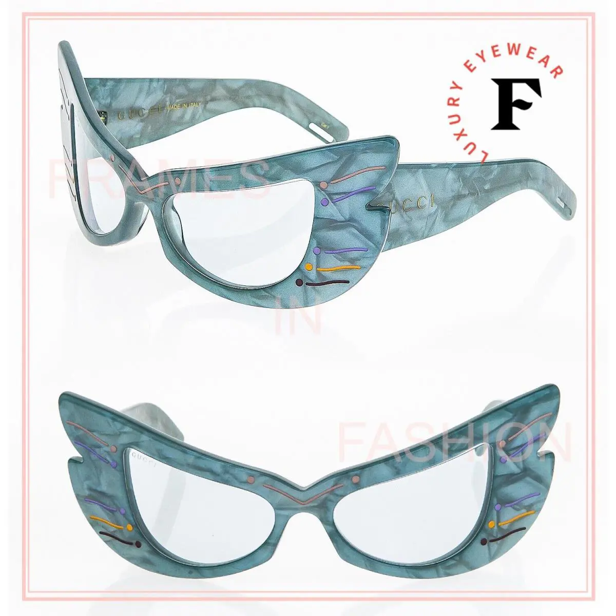 Gucci Hollywood Forever 0710 Blue Pearl Green Wing Mask Sunglasses GG0710S 004
