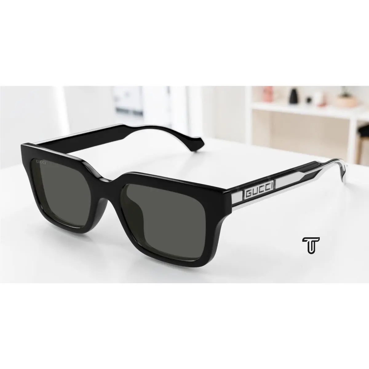 GG1732SK 001 Black Crystal Grey 55 mm Rectangular Squared Men`s Sunglasses by Gucci