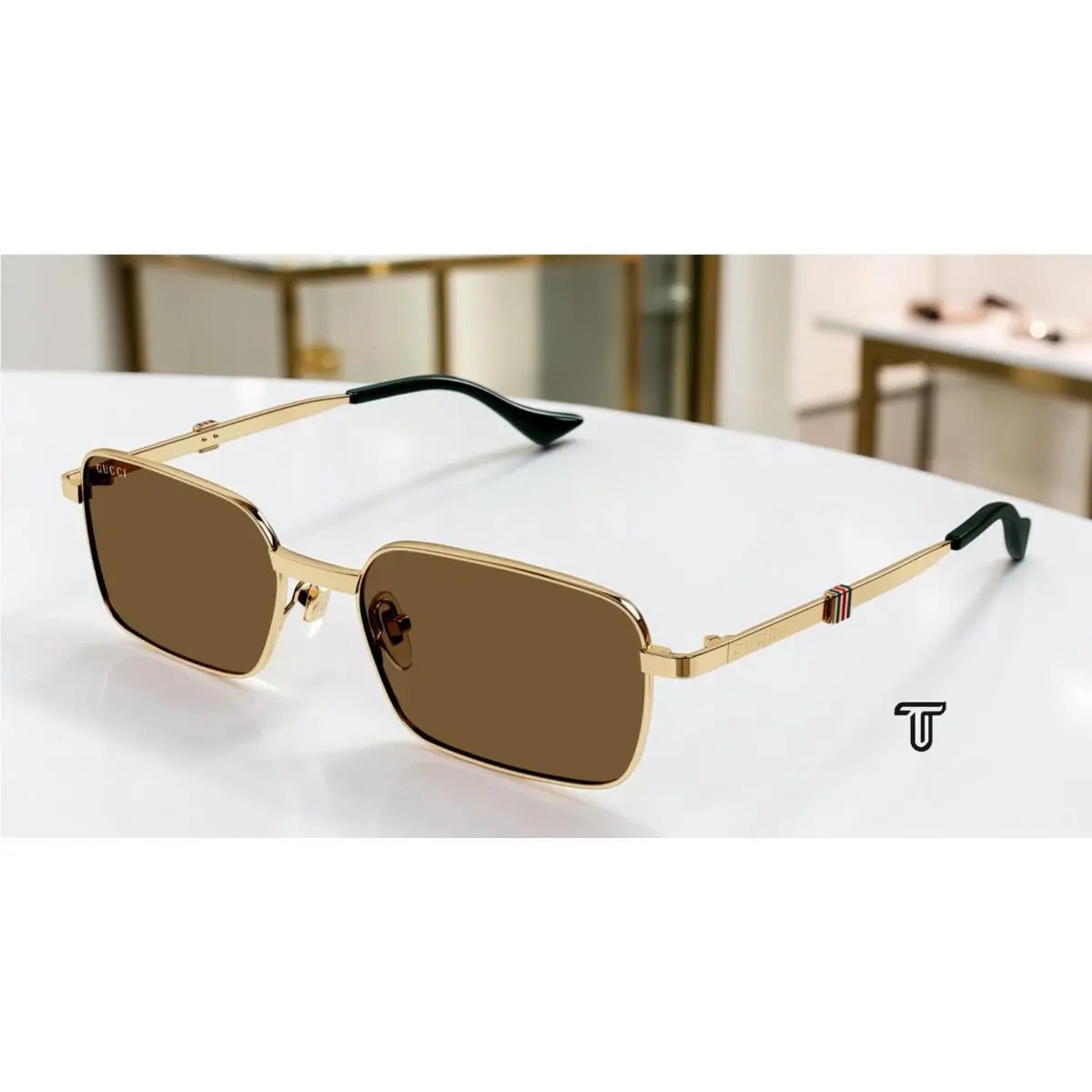 Gucci GG1495S 002 Gold Gold Brown 56 mm Rectangular Squared Men`s Sunglasses