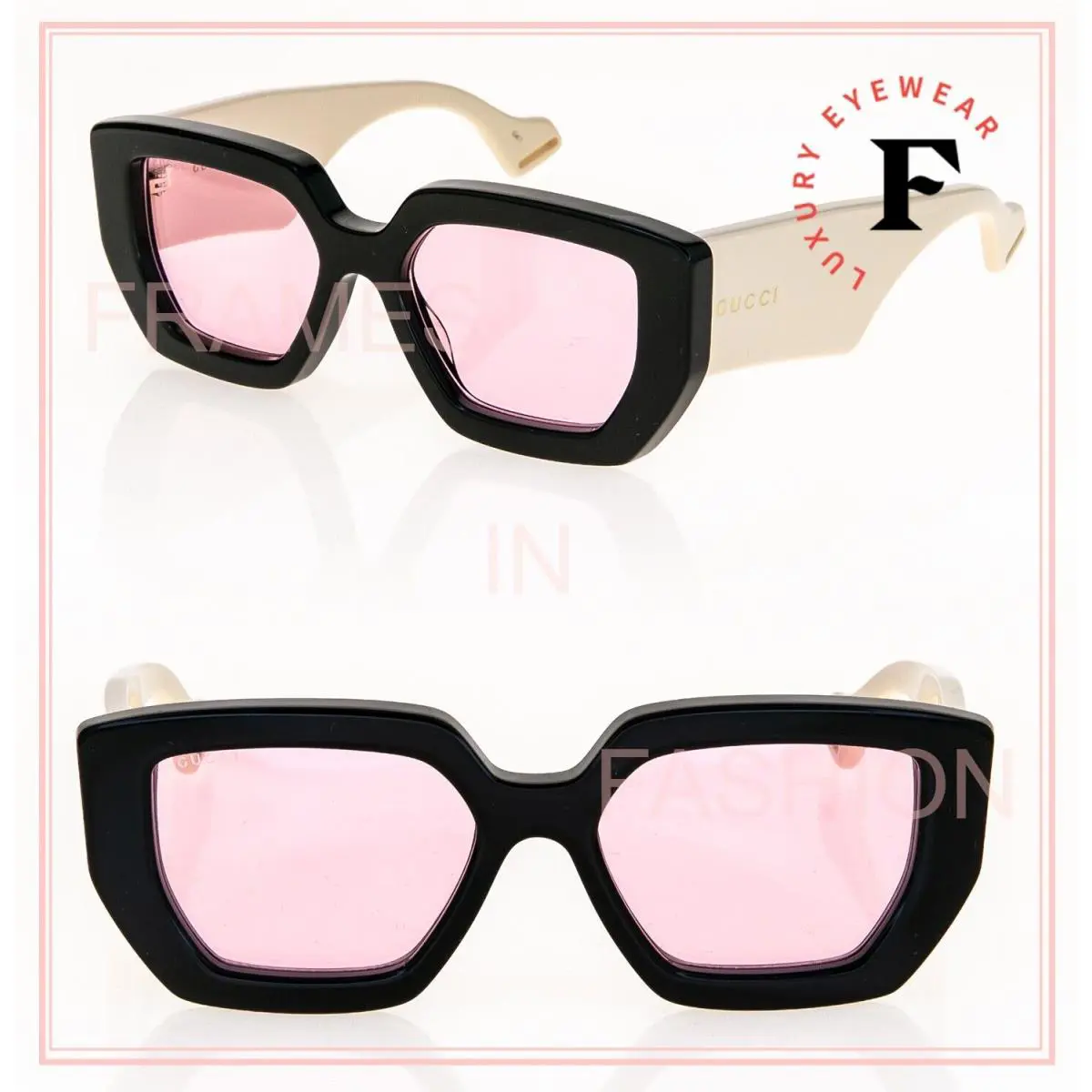 Gucci 0630 Ivory Black Pink Logo Oversized Chunky Unisex Gg0630s 003 Sunglasses