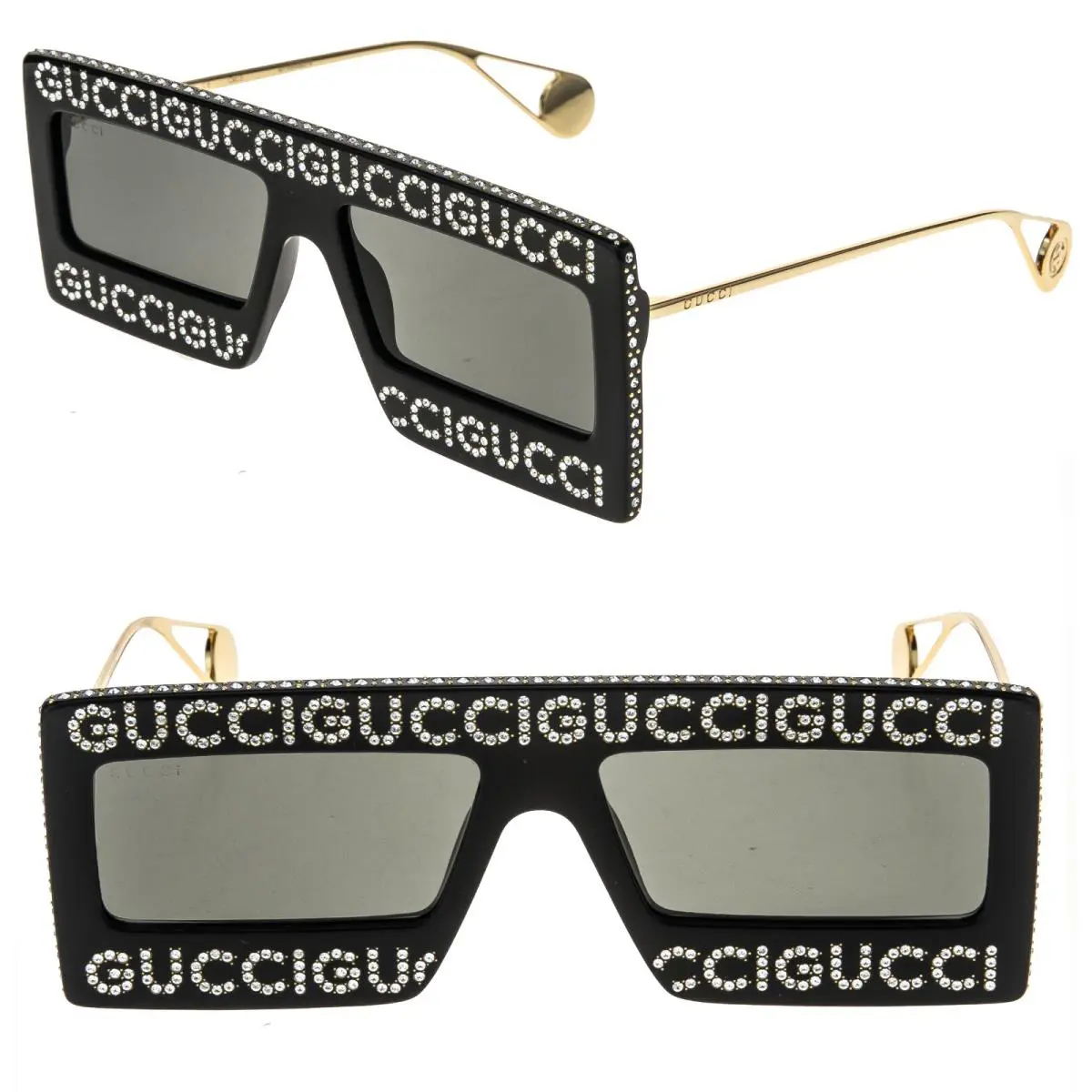 Gucci Gg0431s 0431 Black Gold Hollywood Forever Crystal Stud Mask Sunglasses 002