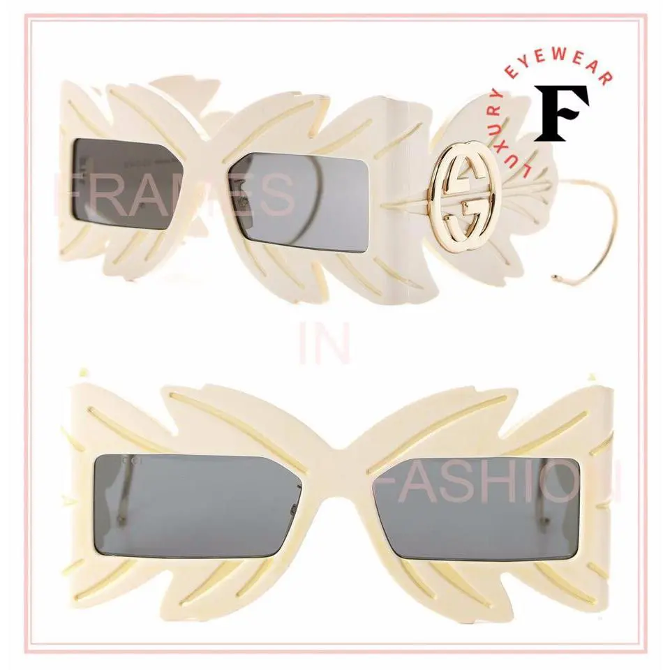 Gucci 0429 Gold Ivory Leaf Oversized Mask Fashion Sunglasses GG0429S Woman 001