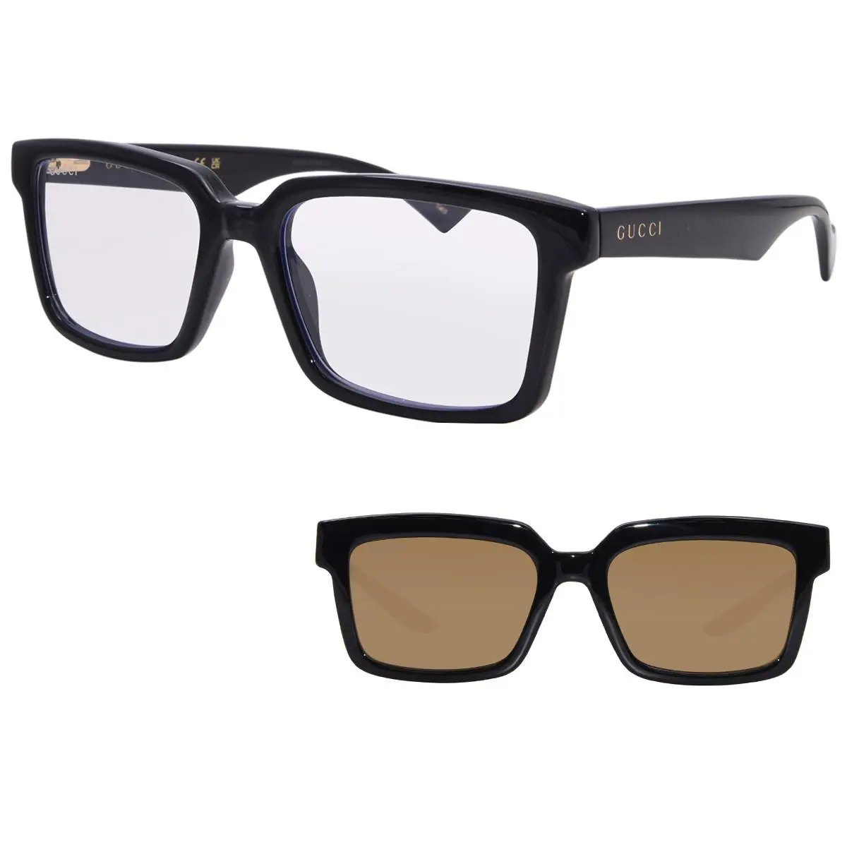 Gucci GG1543S 004 Sunglasses Men`s Black/brown Rectangle Shape 54mm W/clip-on - Frame: Black, Lens: Brown