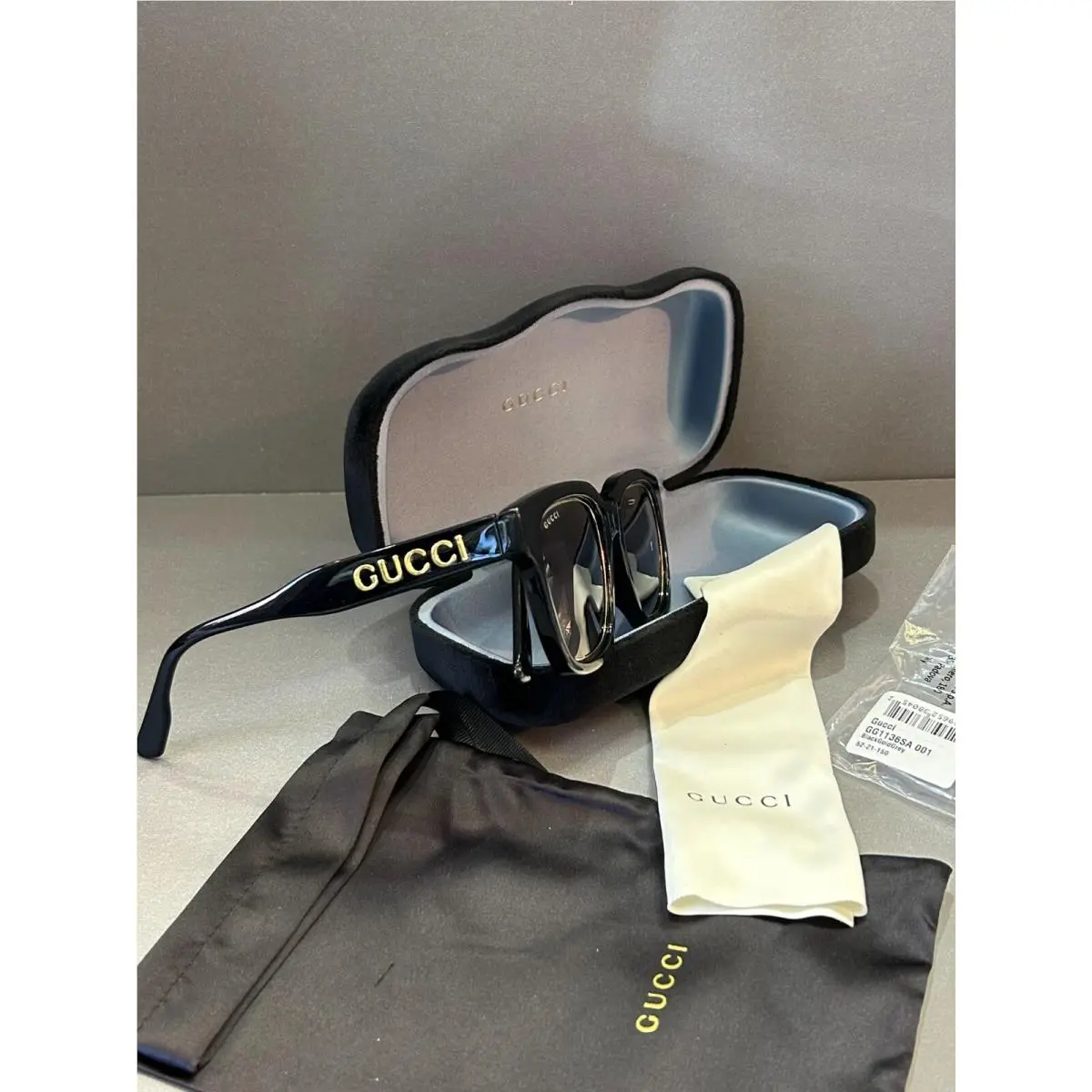 Gucci Square 52mm Ladies Sunglasses GG1136SA 001 Black Gold Full Rim Grey Lens