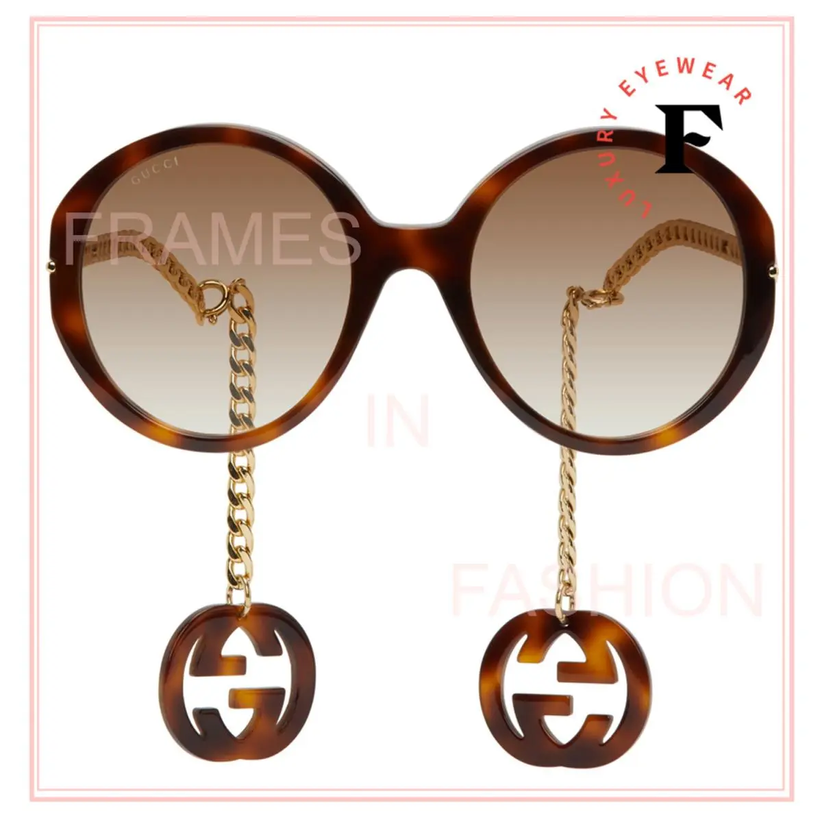 Gucci GG0726S Chain 0726 Gold Brown Metal Round Detachable Charm Sunglasses 002