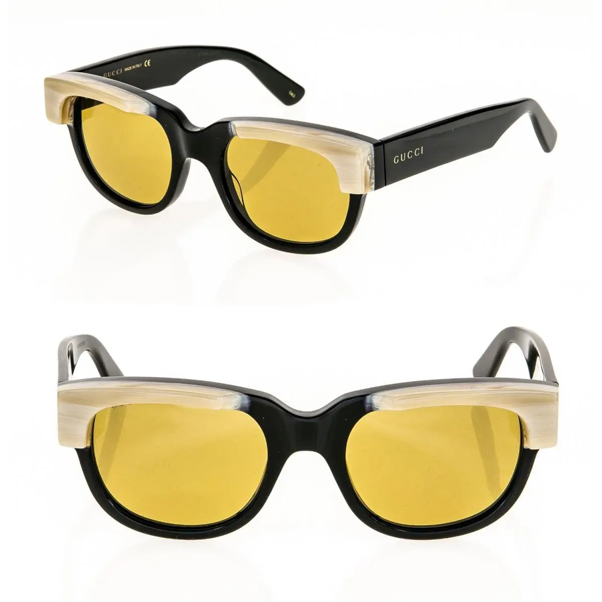 Gucci Aria 1165 Black Yellow Horn Brow Rectangle Unisex Sunglass GG1165S 001