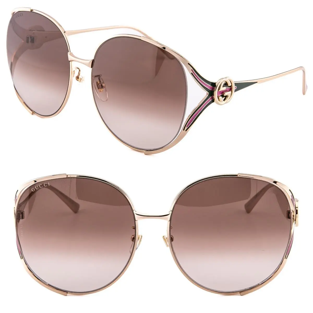 Gucci GG0225S Gold Brown 0225 GG Stripe Logo Oversized Round Metal Sunglass 007