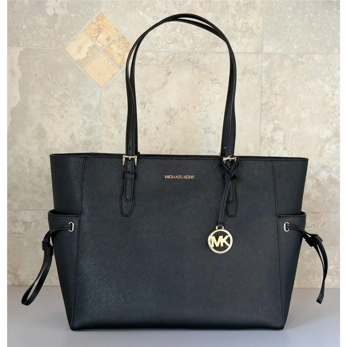Gilly Large Drawstring Travel Laptop Tote Shoulder Bag Black by Michael Kors