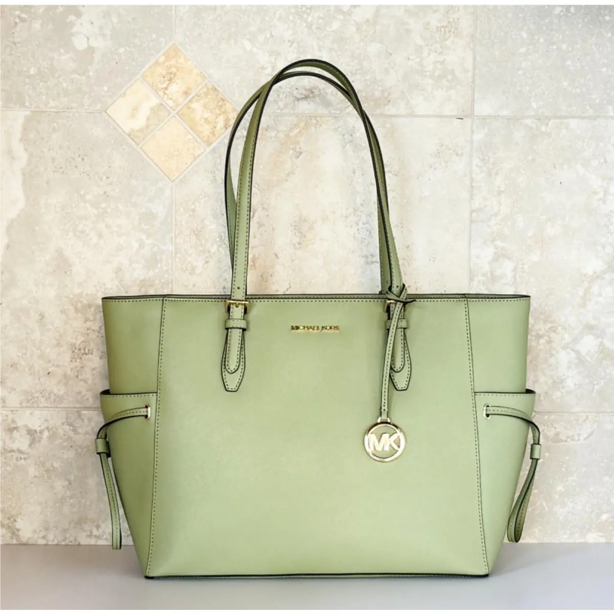 Gilly Large Drawstring Travel Laptop Tote Shoulder Bag Light Sage by Michael Kors