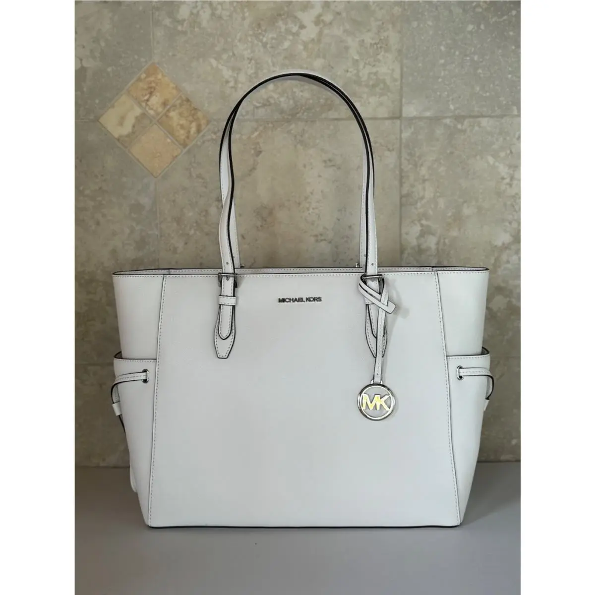 Gilly Large Drawstring Travel Laptop Tote Shoulder Bag OPTIC WHITE/SILVER TONED HARDWARE by Michael Kors