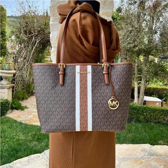 Stripe Tote Jet Travel Signature Tote Handbag/wallet Brown by Michael Kors