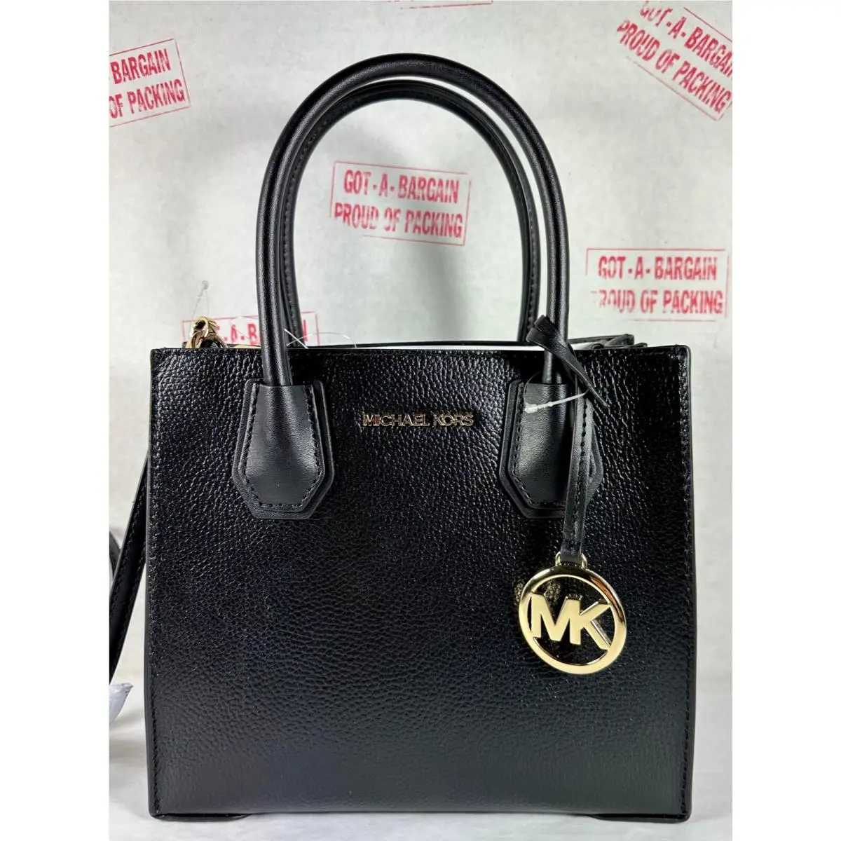 Mercer Medium Mk Signature Pvc Leather Satchel Crossbody Bag Purse Black Leather/GOLD by Michael Kors