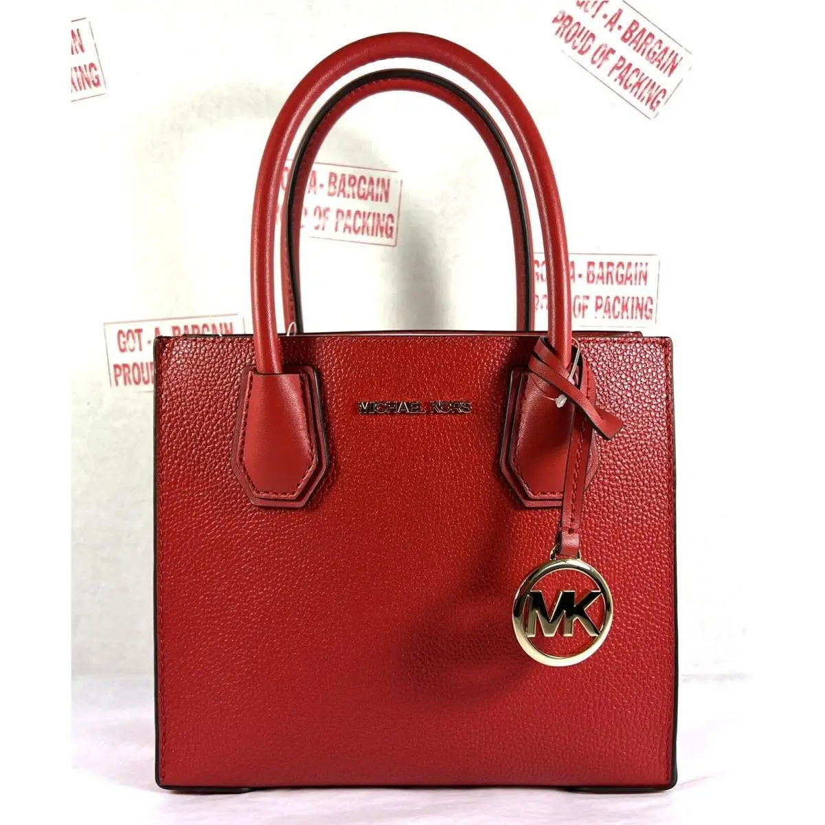 Mercer Medium Mk Signature Pvc Leather Satchel Crossbody Bag Purse Flame Red/Gold by Michael Kors
