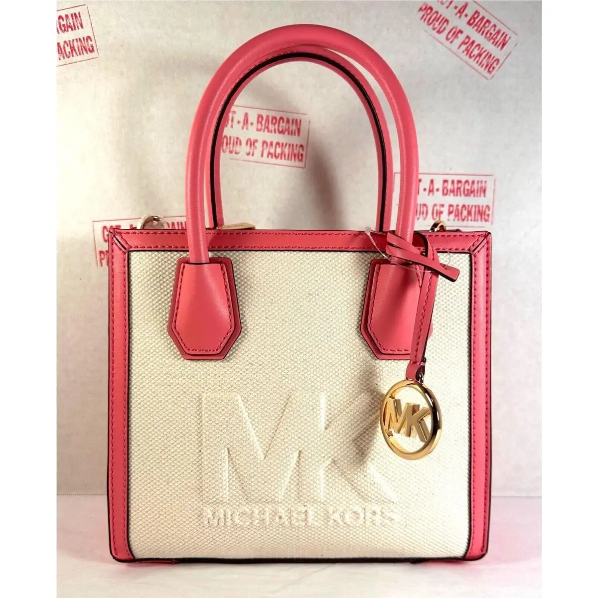 Mercer Medium Mk Signature Pvc Leather Satchel Crossbody Bag Purse Tearose/beige/gold by Michael Kors