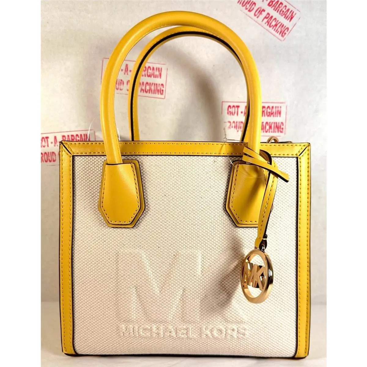 Mercer Medium Mk Signature Pvc Leather Satchel Crossbody Bag Purse Yellow/canvas/gold by Michael Kors