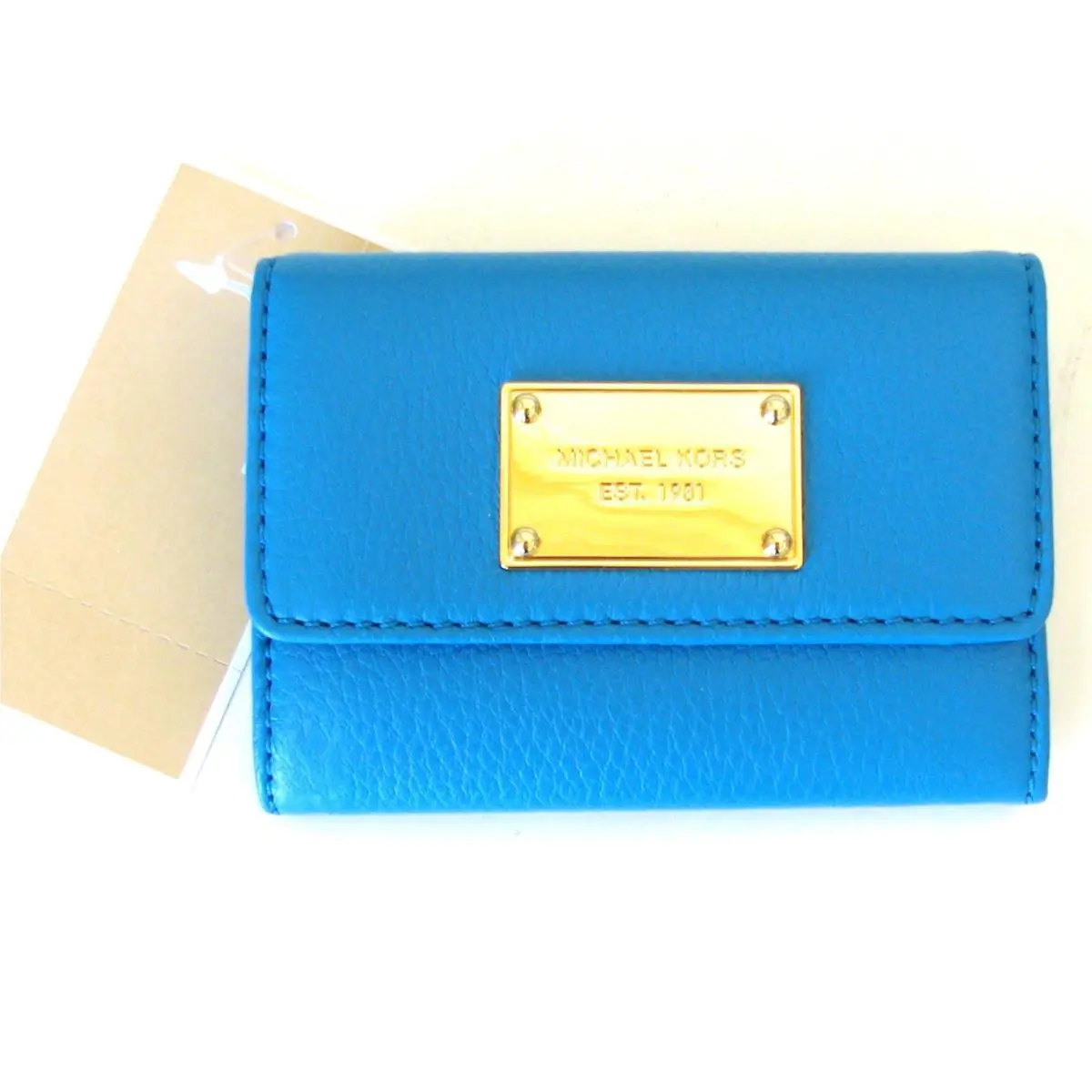 Michael Kors Items Summer Blue Gold Leather Flap Coin Purse Wallet Key Ring