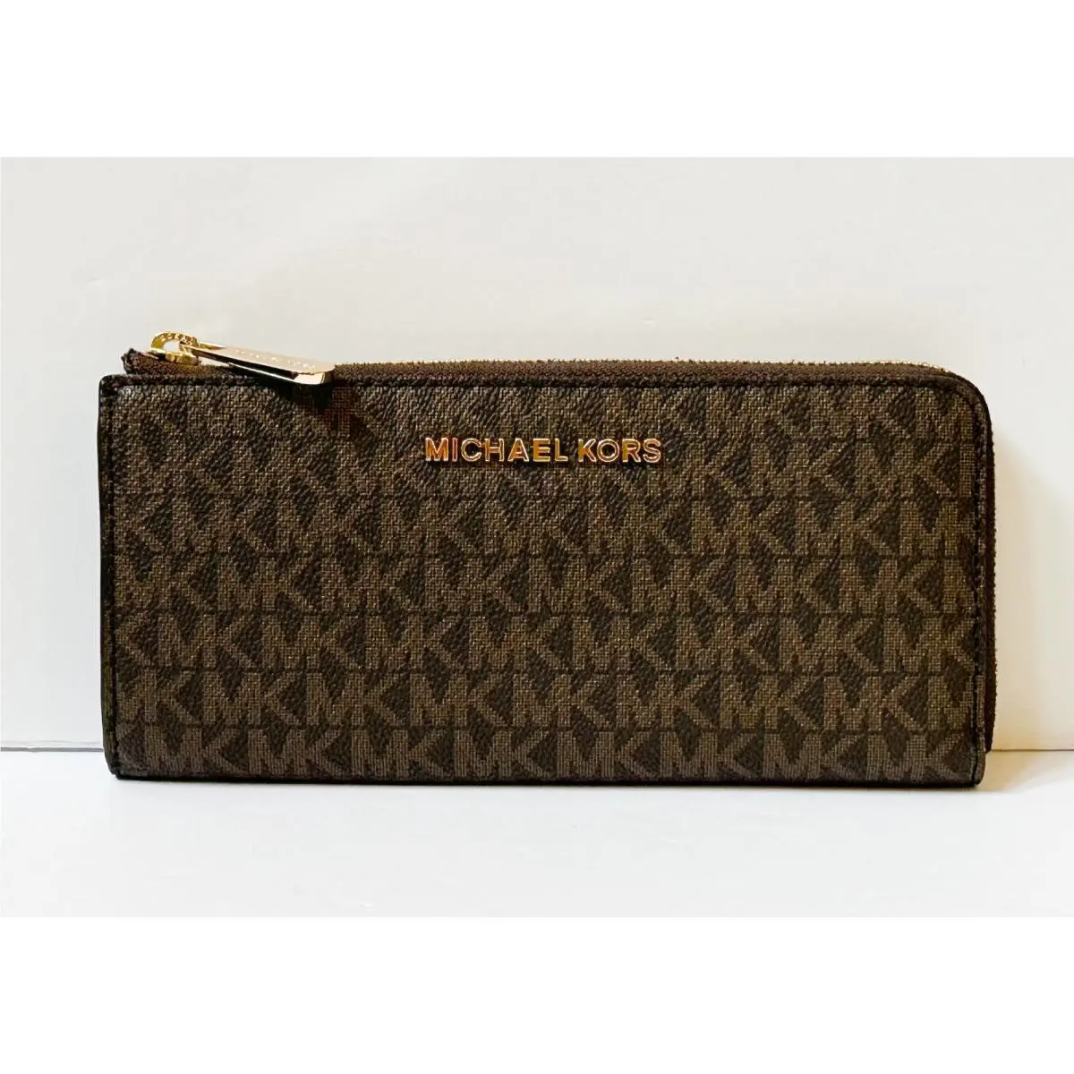 Jet Set Travel Large Three Quarter Zip Wallet MK BROWN SCARLET by Michael Kors