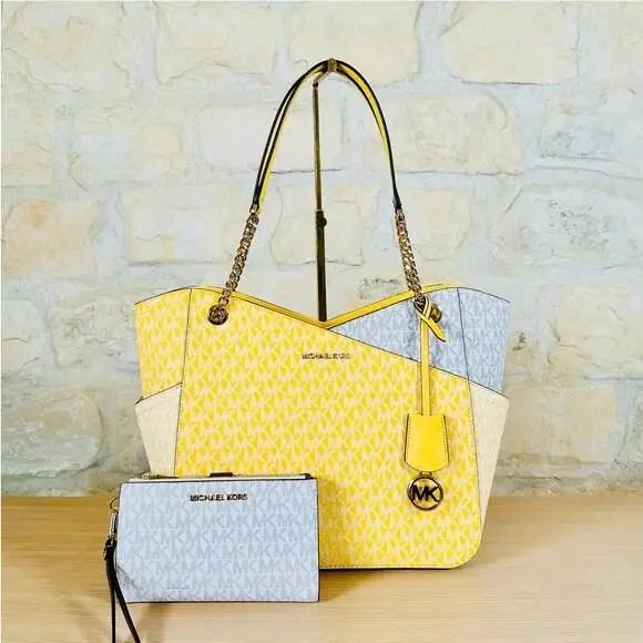 Color Block XL Chain Signatures Tote Handbag Wallet Option Daffodil Handbag+Wallet by Michael Kors