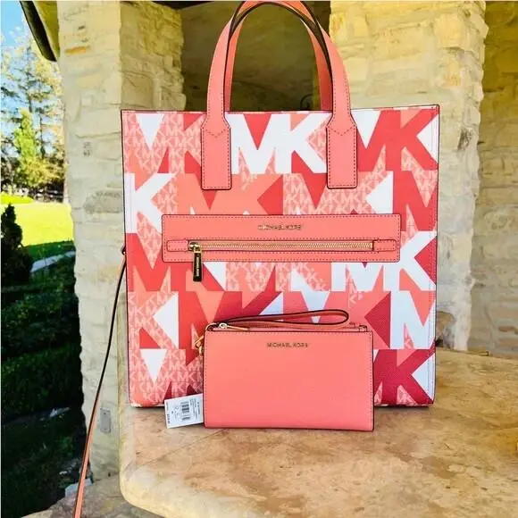 Kenly Large Graphic MK Signature Tote Wallet Options Gift Purse tote+Double zip wallet by Michael Kors