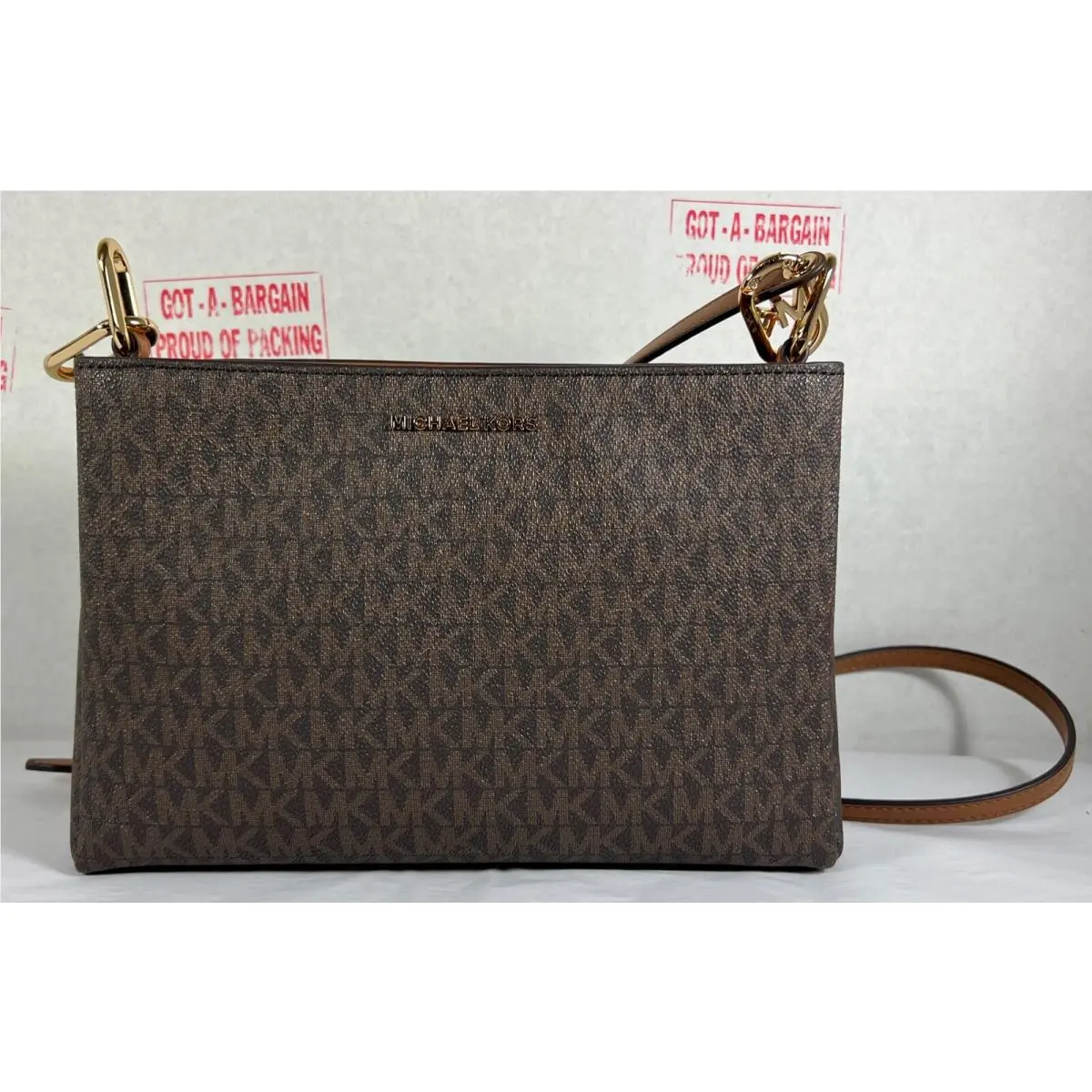 Trisha Triple Compartment MK Signature Leather Crossbody MK Bag Brown MK/GOLD by Michael Kors