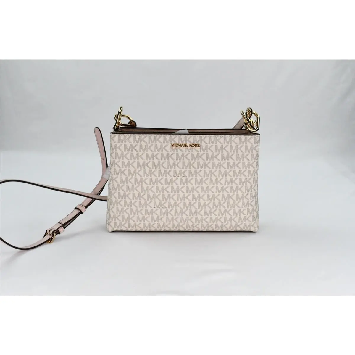 Trisha Triple Compartment MK Signature Leather Crossbody MK Bag MK Vanilla/POWDER BLUSH/GOLD by Michael Kors